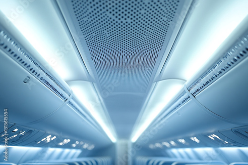 Passenger airplane cabin in detail. Roof and luggage compartment above passenger seats close-up.
