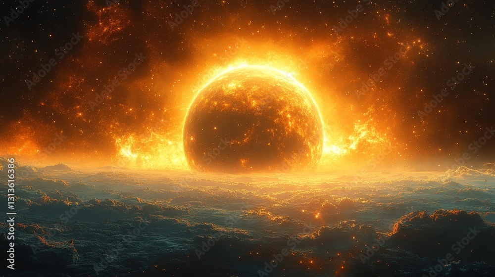 Obraz premium Glowing Sun Setting Over Earth-Like Clouds in Cosmic Scene. Generative AI