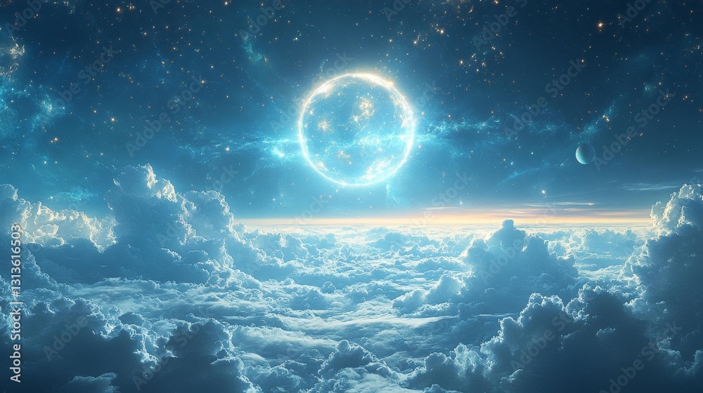 Blue Celestial Glow with Starry Sky and Cosmic Clouds. Generative AI Blue Celestial Glow with Starry Sky and Cosmic Clouds. Generative AI
