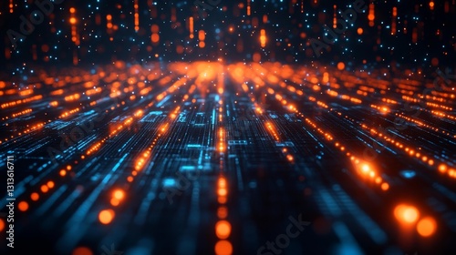 Digital futuristic grid with glowing data points representing virtual cyberspace and technology. Generative AI