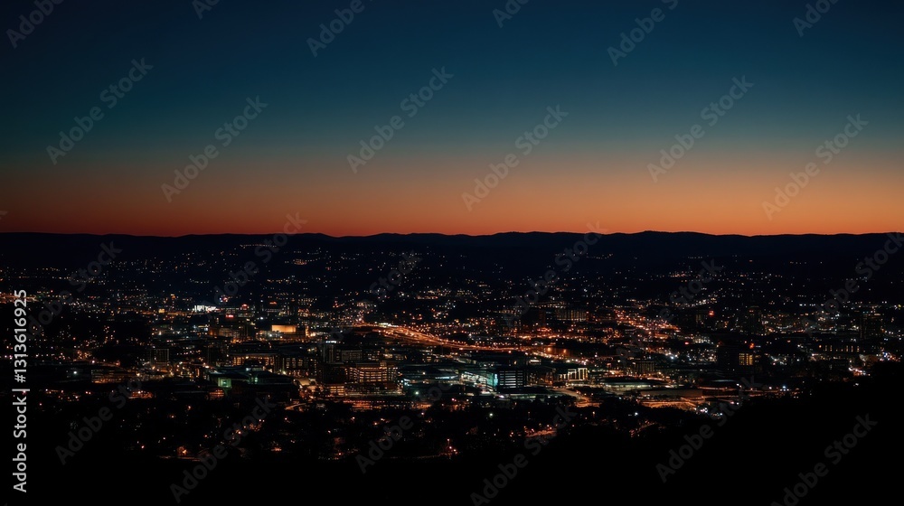 Night Cityscape at Sunset: A Breathtaking View of a City's Glow at Dusk from an Elevated Perspective Night Cityscape at Sunset: A Breathtaking View of a City's Glow at Dusk from an Elevated Perspective