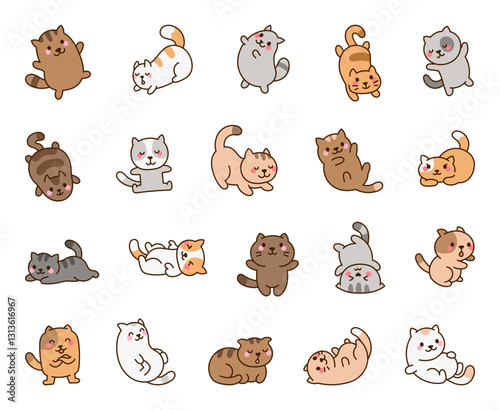 Adorable set of cute kawaii cartoon cats displaying a variety of emotions and poses, perfect for pet lovers, feline themed designs, decorations, and for yours creative projects