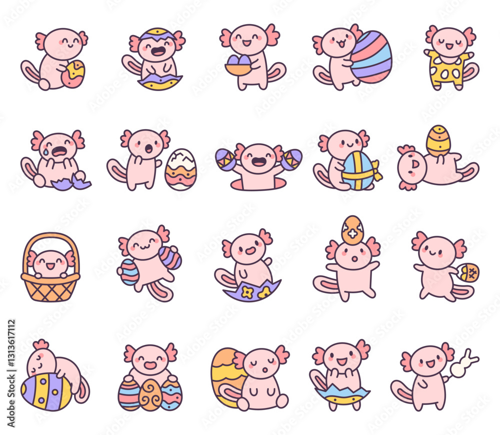 Fototapeta premium Axolotl easter set featuring adorable characters with eggs, baskets, and festive decorations, showing various emotions and cute poses in a charming holiday celebration for yours design projects