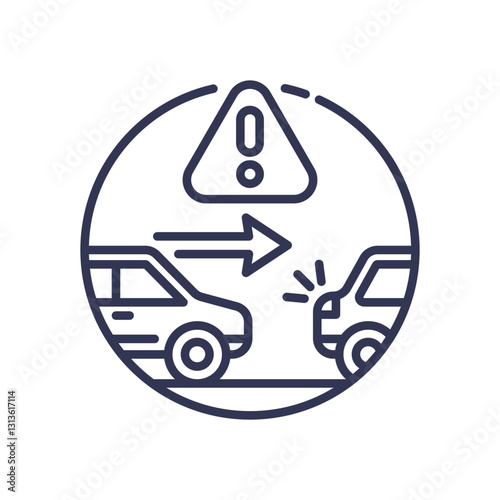 Two cars approaching collision with warning sign, symbolizing collision avoidance.