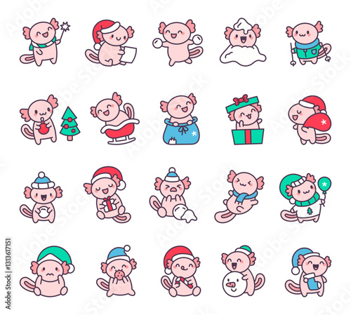 Axolotl christmas set featuring adorable characters with santa hat, winter hat, snowball fights, festive gifts, holiday decorations, sledding fun, candy canes, cozy scarves and joyful winter moments