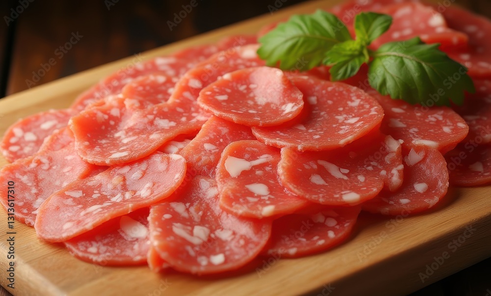 Sliced cured meat with basil leaves Sliced cured meat with basil leaves