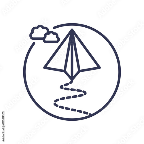 Paper plane in circle with clouds, symbolizing creativity and limitless potential.