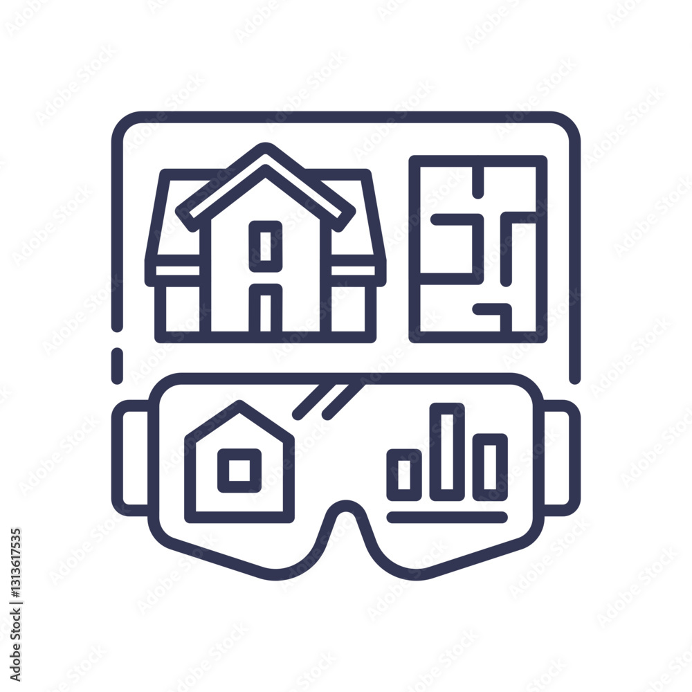 VR headset with house and floor plan symbolizes virtual property viewing. VR headset with house and floor plan symbolizes virtual property viewing.