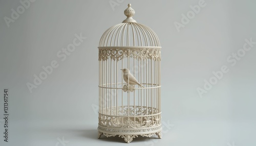 Elegant Vintage Birdcage with Bird on a Soft Gray Background
