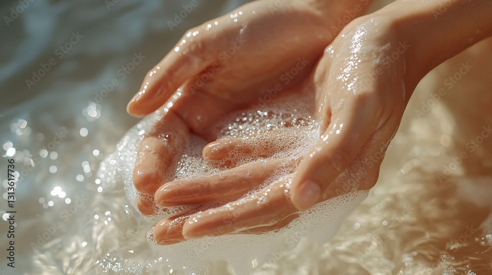 Fototapeta premium Human hands cupping soapy water with bubbles in bright sunlight