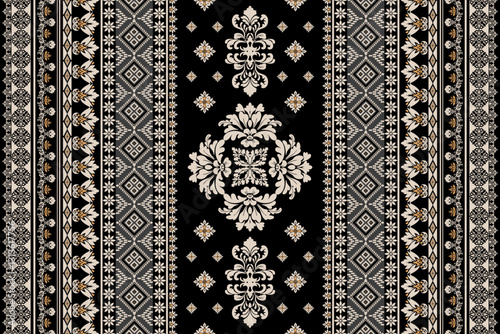 Seamless gold and white floral damask tracery shape with geometric ethnic tradition pattern texture on black and grey background	