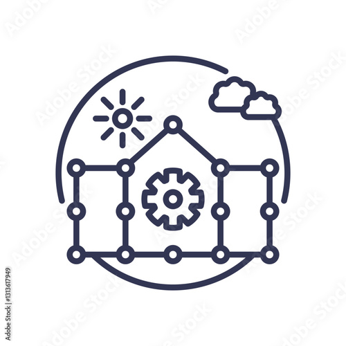 Smart home with IoT integration, featuring connectivity and automation symbols.