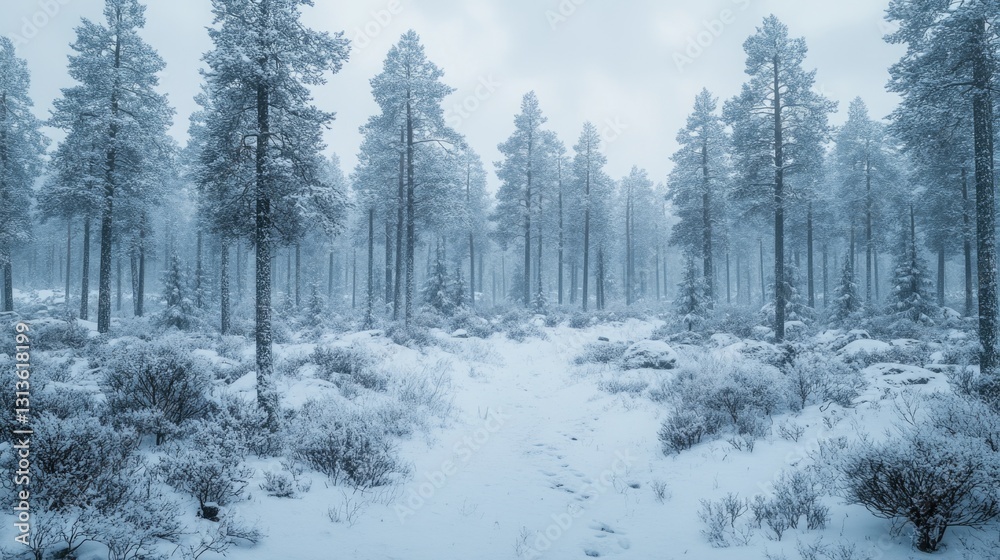 Fototapeta premium Photograph of pine tree trunks surrounded by falling snow during a storm.