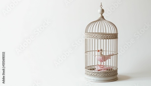 Elegant decorative bird cage with a pink bird inside, minimalistic
