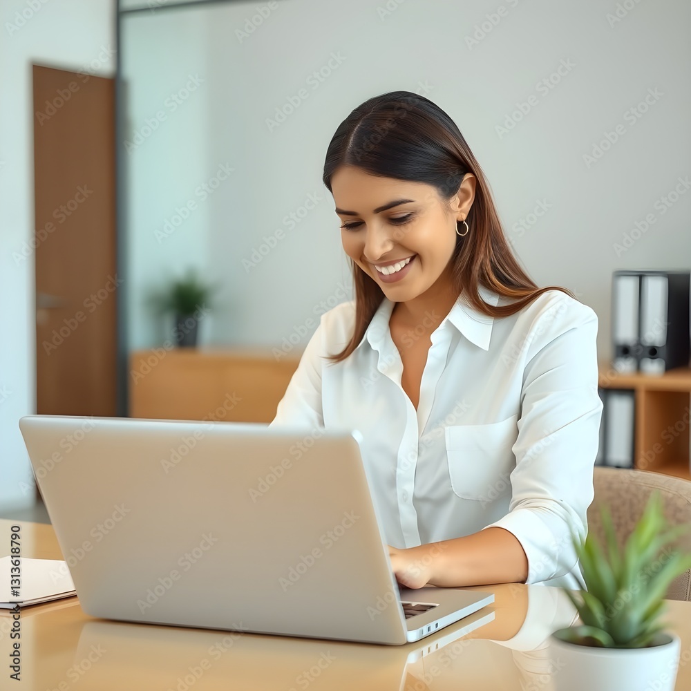 Una ejecutiva hispana trabaja con su computadora portátil en su oficina. Está sonriendo. Mira su computadora portátil y sonríe. Lleva una camisa blanca. Una ejecutiva hispana trabaja con su computadora portátil en su oficina. Está sonriendo. Mira su computadora portátil y sonríe. Lleva una camisa blanca.