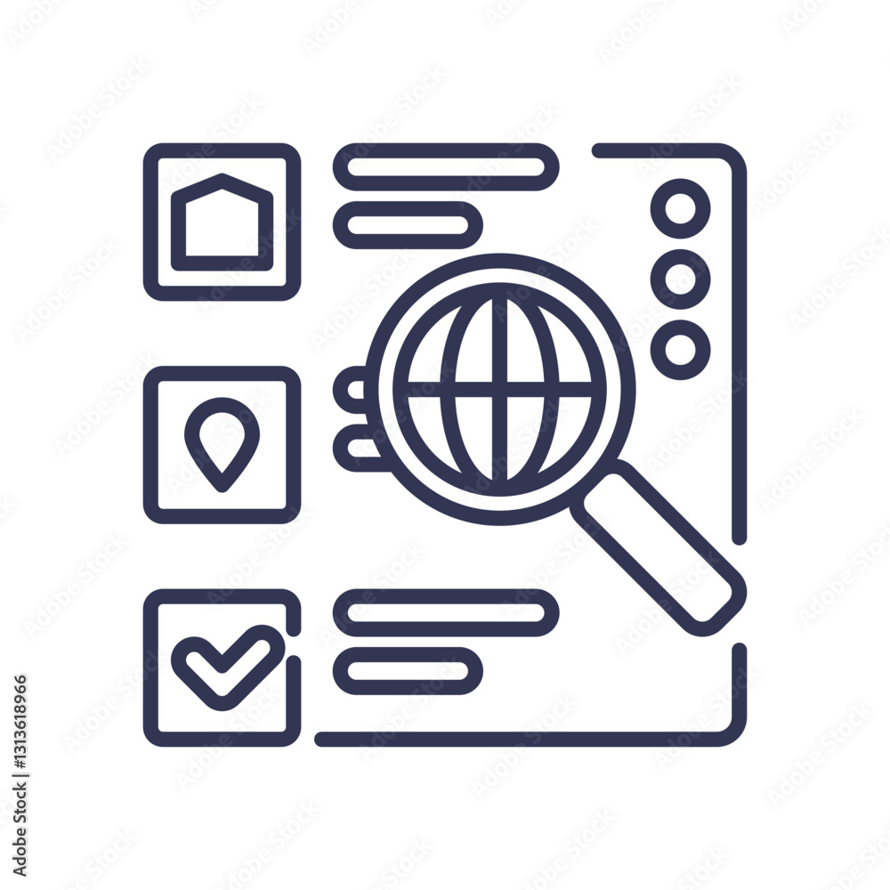 Magnifying glass over globe, location pin, and checklist symbolize search and discovery. Magnifying glass over globe, location pin, and checklist symbolize search and discovery.