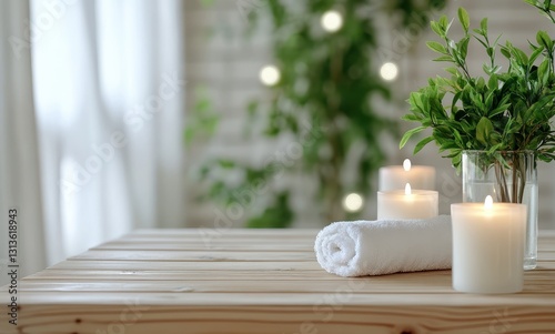 Wallpaper Mural Serene Spa Setup with Soft Candles, Fresh Green Plant, and Rolled Towel on Wooden Table for Relaxation and Wellness Experience Torontodigital.ca