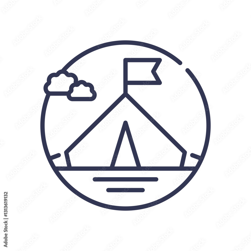 Minimalist tent icon with flag, symbolizing small but established presence. Minimalist tent icon with flag, symbolizing small but established presence.