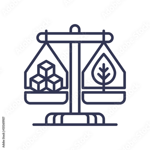 Scales balancing sugar cubes and a leaf, symbolizing sugar vs alternative sweeteners.