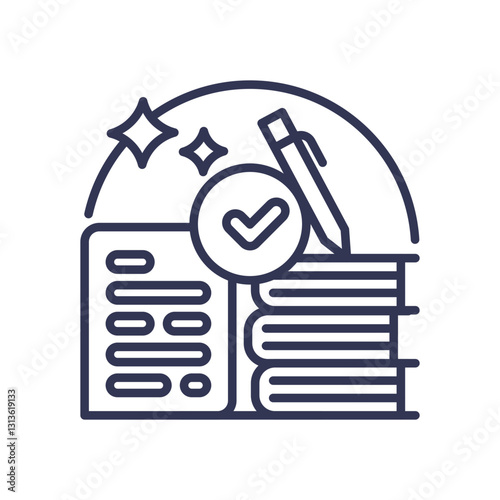 Books, pen, and checkmark symbolize structured finance documentation and approval.