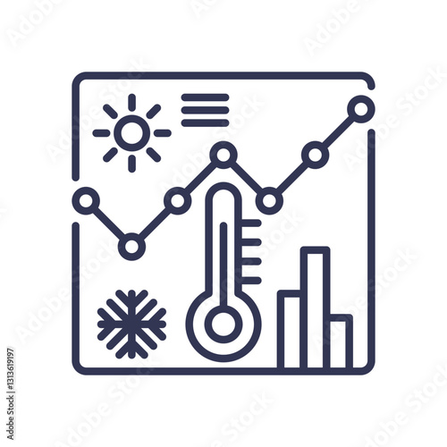 Icons of sun, snowflake, thermometer, and graph depict temperature variation.