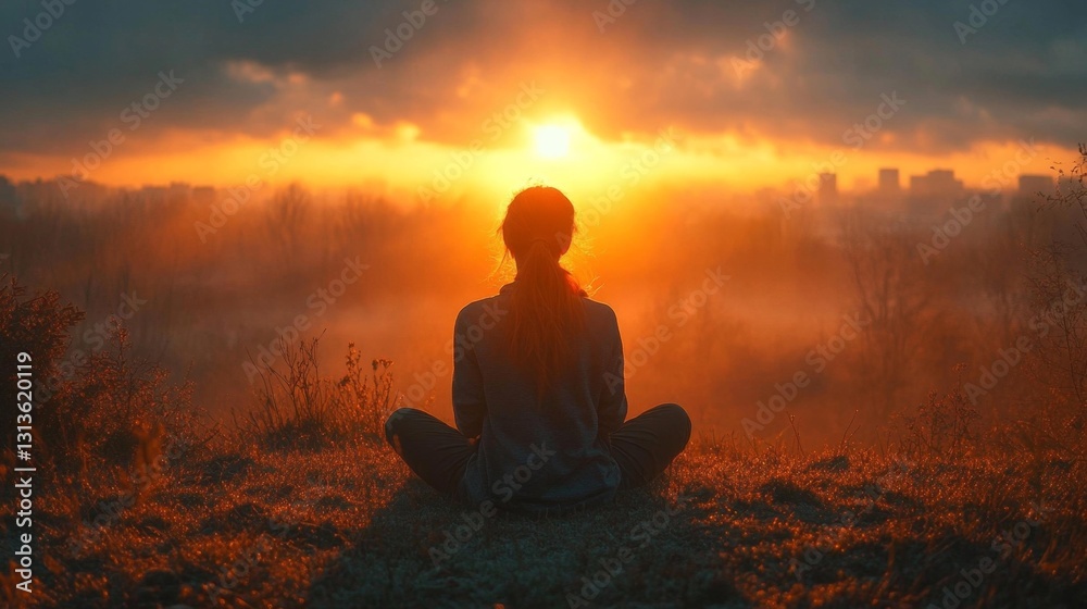 Serene Sunset Over a Beautiful Landscape with a Solitary Person Meditating. Generative AI Serene Sunset Over a Beautiful Landscape with a Solitary Person Meditating. Generative AI