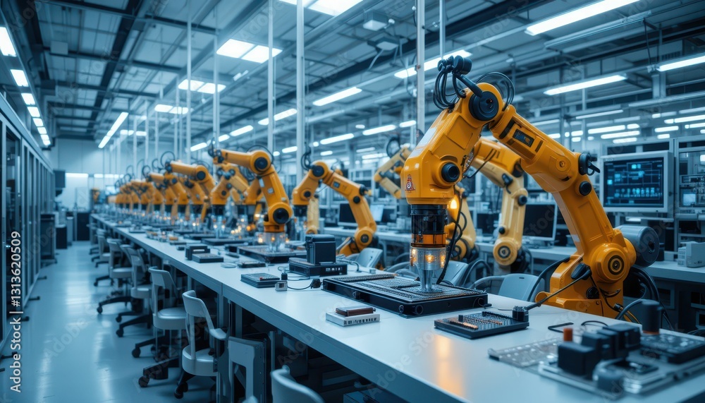 Industrial Robotics in Modern Factory with Yellow Robotic Arms Industrial Robotics in Modern Factory with Yellow Robotic Arms