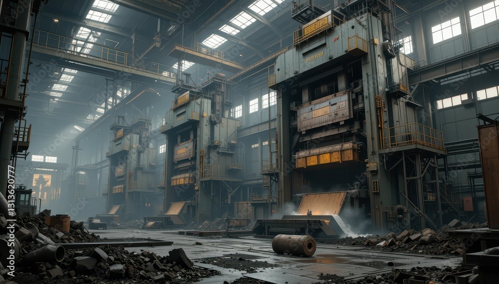 Abandoned Industrial Factory with Large Machines and Dusty Atmosphere Abandoned Industrial Factory with Large Machines and Dusty Atmosphere