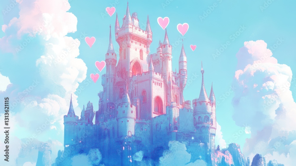 Fototapeta premium Fairytale castle in clouds; dreamy background; romantic; website design