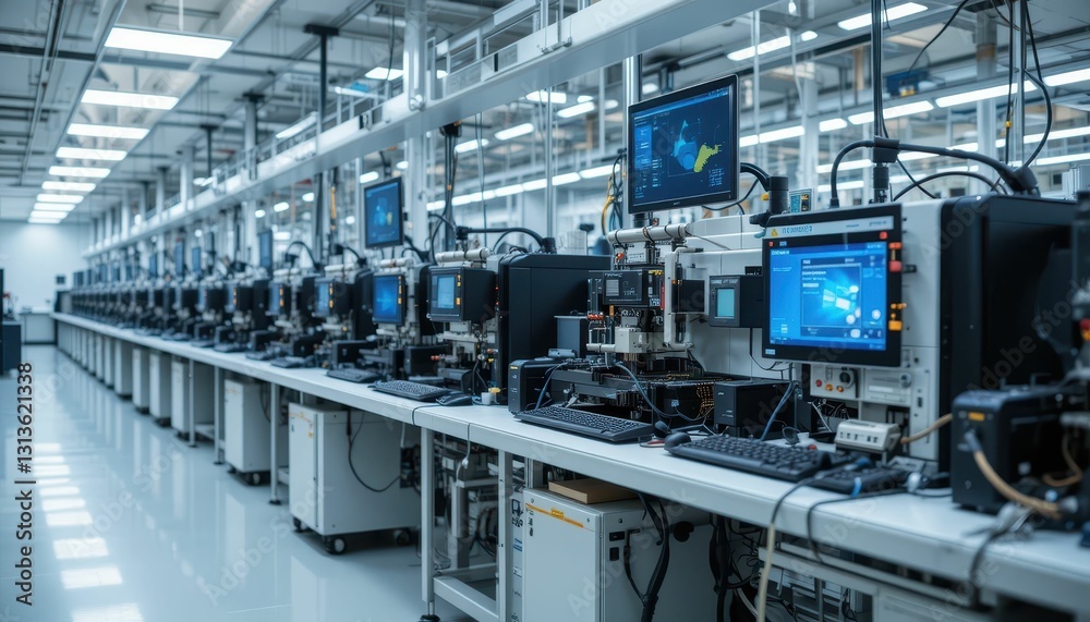Fototapeta premium Advanced Electronics Manufacturing Facility with Workstations and Technology