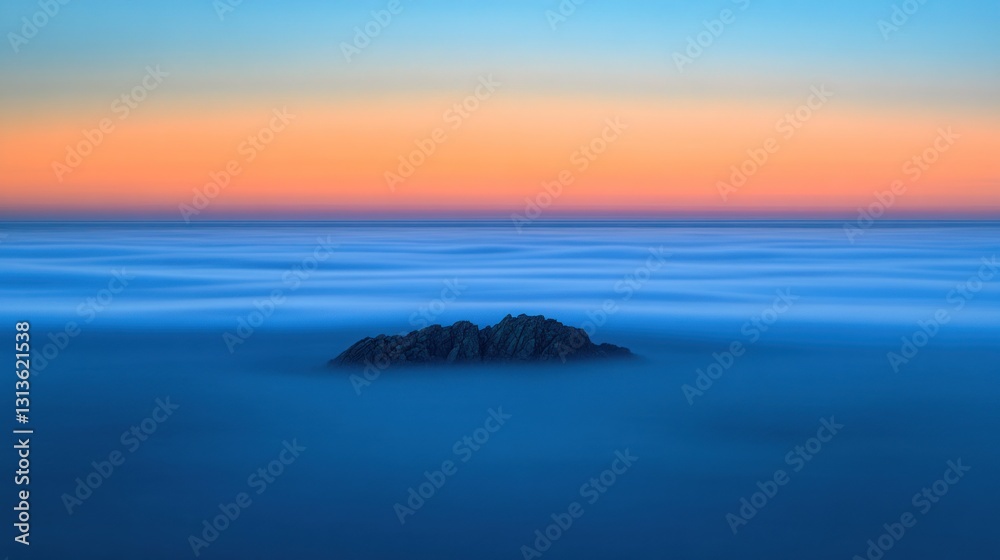 Fototapeta premium Serene Sunset over Misty Ocean with Solitary Rock
