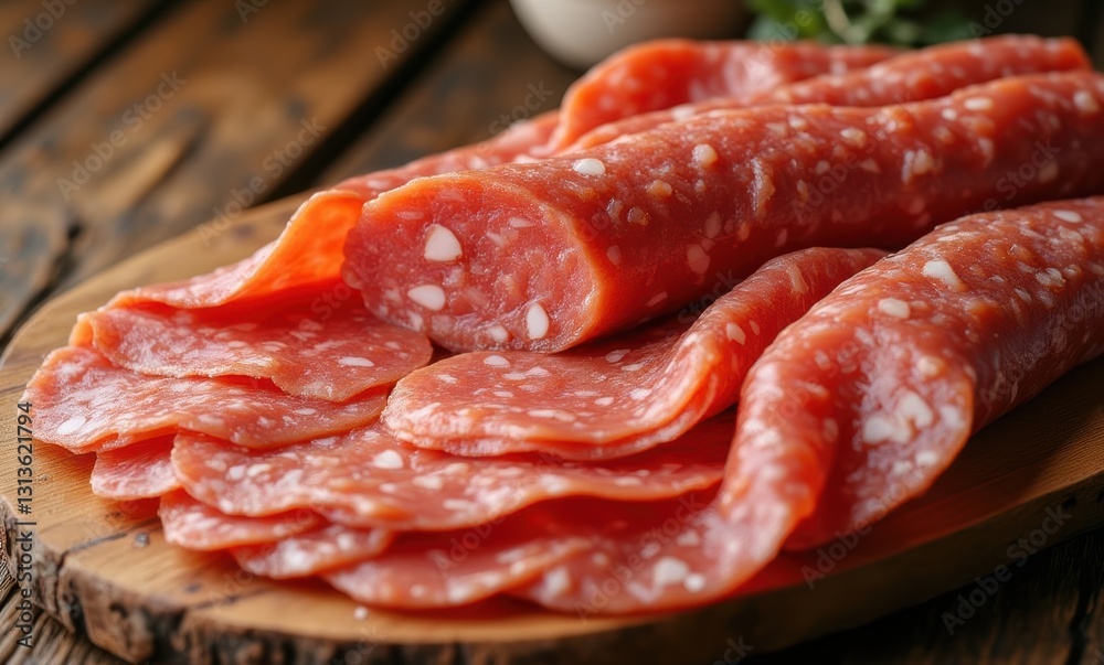 Close-up of sliced salami on wood Close-up of sliced salami on wood