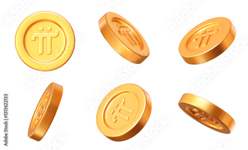 3d set of golden Network PI coins with different angles. Stock vector illustration on isolated background.