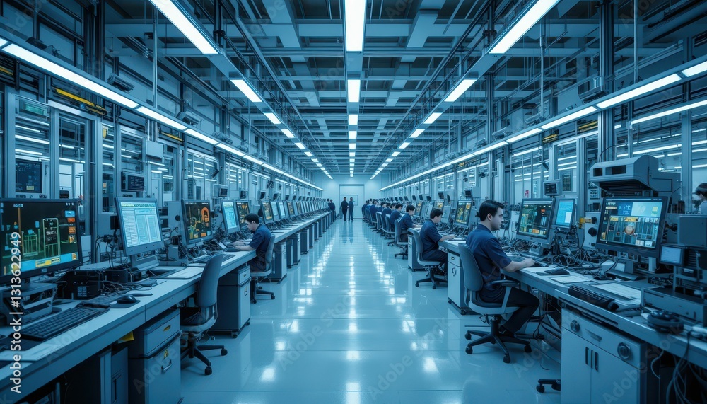 Obraz premium Modern Technology Lab with Workstations and Engineers at Work