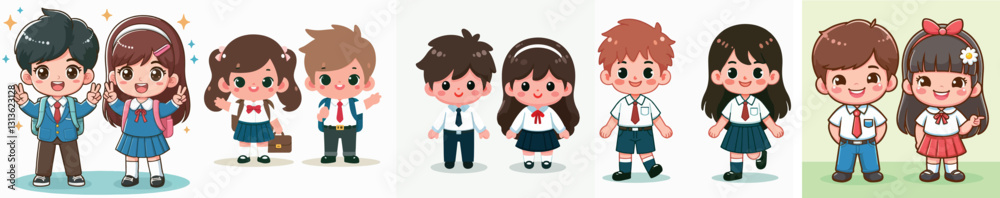 Vector happy two cartoon children a boy and a girl in school uniforms Vector happy two cartoon children a boy and a girl in school uniforms