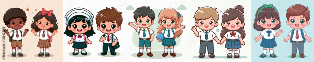 Vector happy two cartoon children a boy and a girl in school uniforms Vector happy two cartoon children a boy and a girl in school uniforms