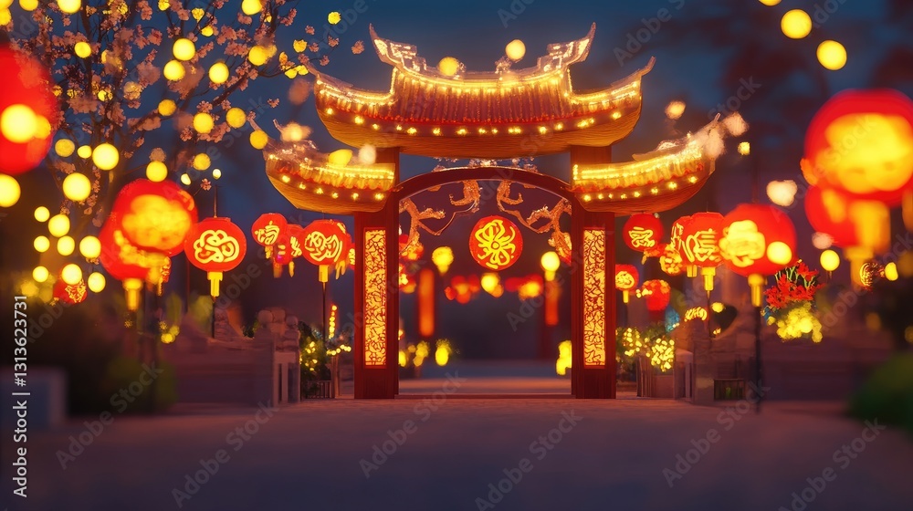 3D cartoon Chinese-themed decorations, lit up with festive lights at night, creating a cheerful atmosphere with red lanterns, gold symbols, and glowing elements. 3D cartoon Chinese-themed decorations, lit up with festive lights at night, creating a cheerful atmosphere with red lanterns, gold symbols, and glowing elements.