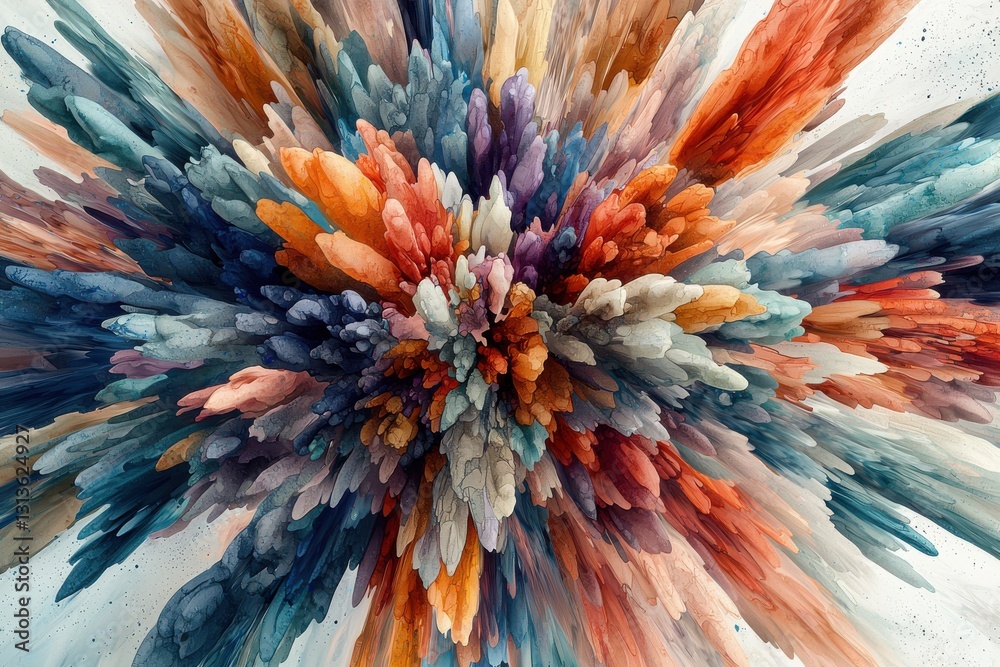 Abstract explosion of vibrant colors creates a dynamic, artistic background featuring orange, blue and brown hues bursting from the center in a radial, textured pattern, visual masterpiece. Abstract explosion of vibrant colors creates a dynamic, artistic background featuring orange, blue and brown hues bursting from the center in a radial, textured pattern, visual masterpiece.