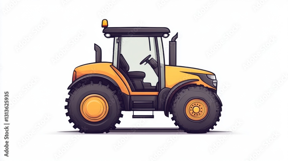 Yellow tractor illustration, side view, isolated on white background. Yellow tractor illustration, side view, isolated on white background.