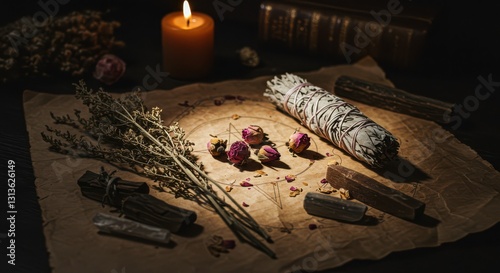 Sage Smudge Bundle with Rose Buds and Herbs on Parchment