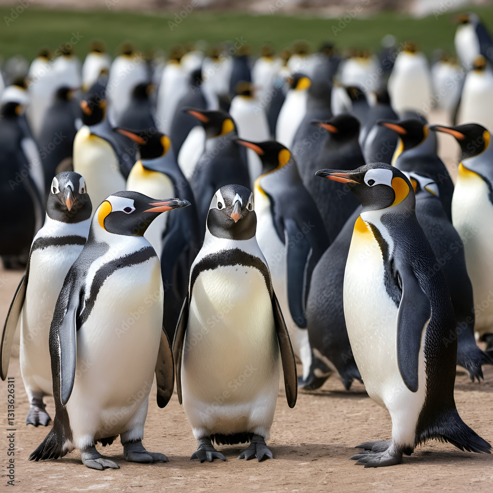 Fototapeta premium Penguins gathered together, some looking at the camera. The penguin in the front is particularly curious and eye-catching.