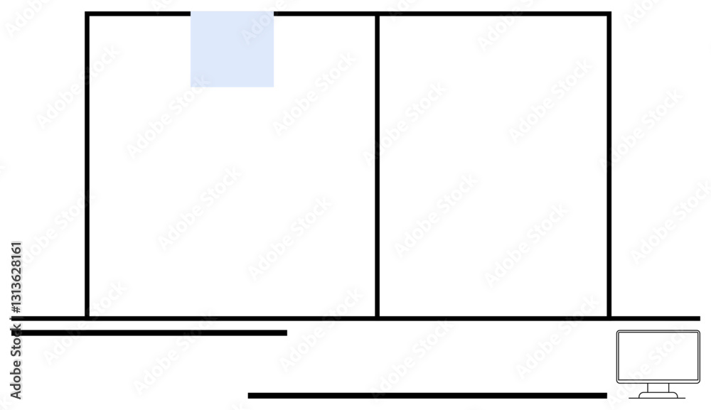 Minimal workspace layout featuring a large window with panels, desk with sleek lines, and monitor. Ideal for productivity, office planning, design ideas, decor concepts, simplicity, minimalism Minimal workspace layout featuring a large window with panels, desk with sleek lines, and monitor. Ideal for productivity, office planning, design ideas, decor concepts, simplicity, minimalism