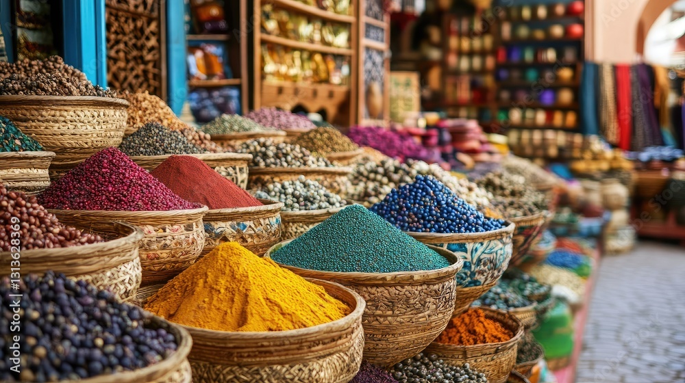 Fototapeta premium A bustling Moroccan souk market showcasing a vibrant array of colorful spices in baskets, capturing the essence of travel and cultural exploration.