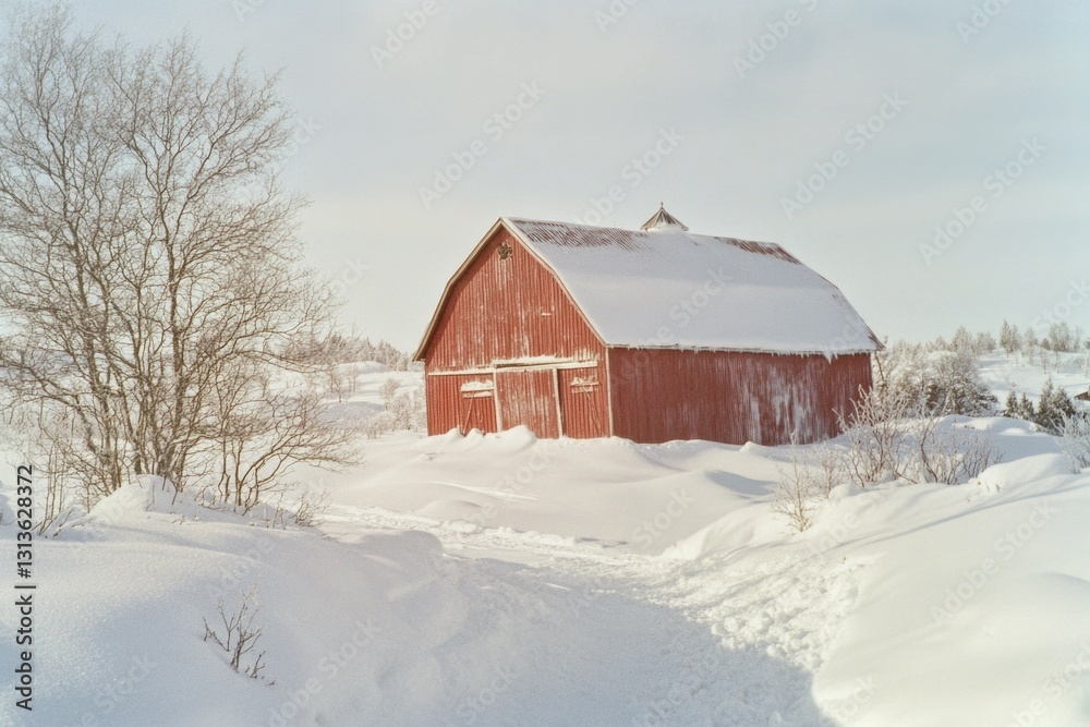 Red barn sitting in deep snow with sleigh tracks leading to it. Red barn sitting in deep snow with sleigh tracks leading to it.