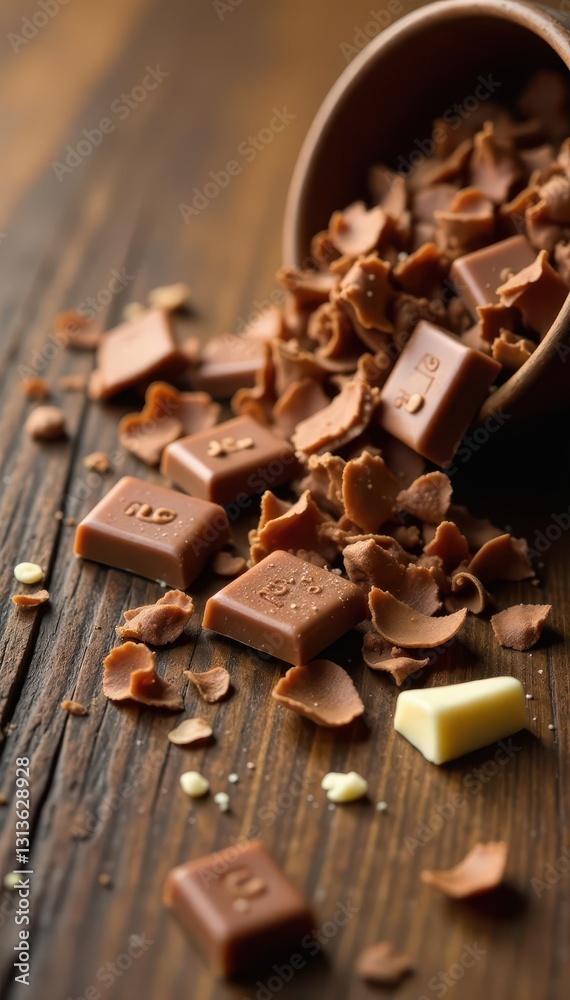 Brown and white chocolate shavings scattered on a wooden surface, pile, dark chocolate, wood Brown and white chocolate shavings scattered on a wooden surface, pile, dark chocolate, wood