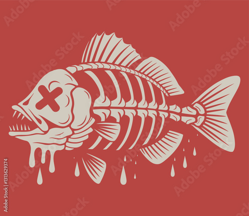 A graffiti-style fish skeleton with a humorous touch, The fish has an 'X' in place of the eyes to represent a dead fish