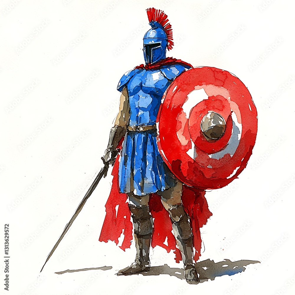 Naklejka premium A Watercolor Painting of a Spartan Warrior in Blue and Red Armor.