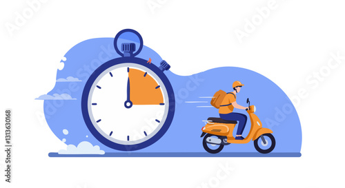 Illustration of a courier on a scooter racing ahead of a stopwatch, symbolizing fast delivery services.