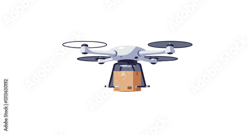 Illustration of a delivery drone carrying a package, showcasing modern technology in transportation against a minimalist gray background.