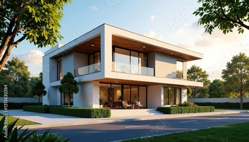 Modern two-story office building  suburban setting  two-story  white  parking